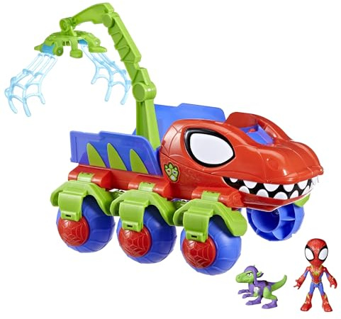 Spidey and his Amazing Friends Marvel Dino-Webs Crawler Toy Car Playset, Spider-Man & Goblin Raptor 4-Inch Action Figures, Kids Ages 3 & Up