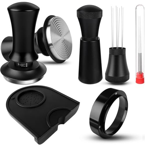 Kaffee Tamper 54mm Set, Aufgerüstet Espresso Tamper Set inkl. WDT Tool, Dosierring 54mm, Tampermatte, Druckregulierender Tamper-Base Ripple aus Edelstahl mit 30lbs Anpressdruck für Barista, Schwarz