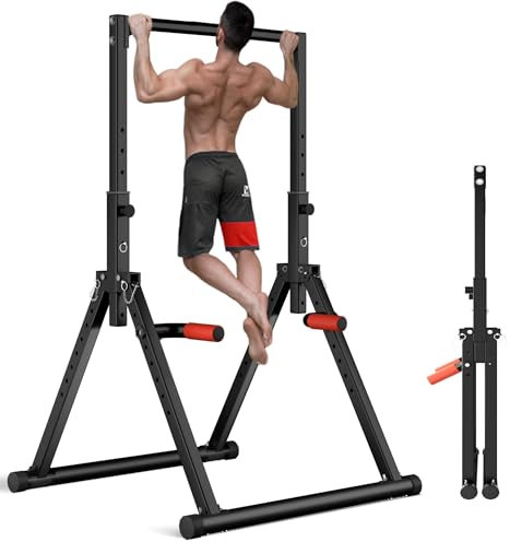 WATBKHE Power Tower Pull Up Dip Station Foldable, Pull Up Bar Station Adjustable, Multi-Function Home Gym, Strength Training Fitness Equipment (Black)