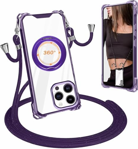 xinyunew 360 Grad Drehbare Ring Hülle für iPhone 12 Pro Max Kompatibel mit MagSafe, Handykette für iPhone 12 Pro Max Hülle mit Band,Dünn Stoßfeste Handyhülle mit Ständer & Ring Halter,Lila
