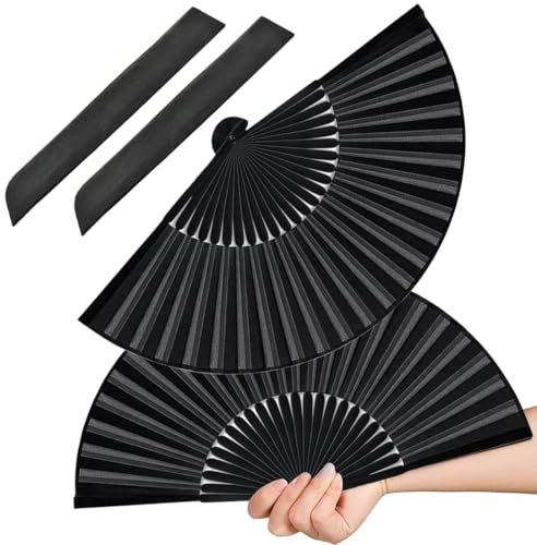 KOOKZ 2 Stück Faltbare Fächer Schwarz Handfächer, Handfächer Stoff Handheld Faltfächer für Damen Herren, Chinesische Fächer Hochzeit für Tanz, Party, Dekoration, Geschenke
