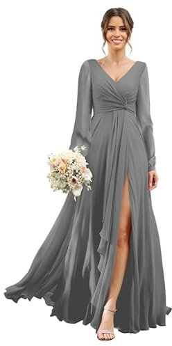 ChicFash Chiffon Bridesmaid Dresses 2024 for Women with Slit V Neck Long Sleeve Flowy Formal Dresses with Pockets Grey
