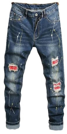 ZMIN Pantalones vaqueros rasgados ajustados para hombre, color azul lavado, elásticos, pantalones de mezclilla ajustados con parches de puntos de pintura, pantalones de hip hop, para hombre, azul, 40