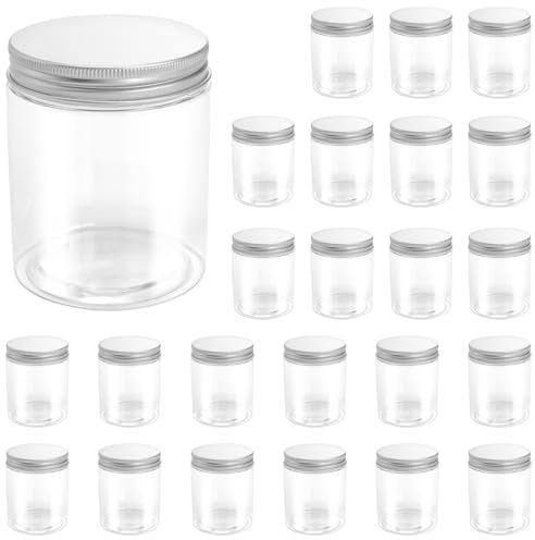 MAKTSAM 24PCS 250 ML Clear Plastic Storage Jars, 8OZ Refillable and Leakproof Plastic Jars with Silver Aluminum Lids, Slime Containers Jars for Spice, Creams, Lotions