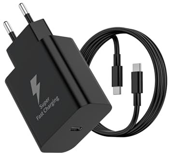 25W Caricabatterie rapido per Samsung Galaxy A56 A55 A54 5g A53 A55 A34 A33 S25 S24 S23 S22 S21 S20 M53 M54 M34 M33 M34 Note 20 Note 10 A71 A70 A52 A52S A51 A40 Con 2M Cavo USB Tipo C (Nero)