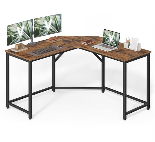 VASAGLE Eckschreibtisch, L-förmiger Computertisch, 129 x 129 x 76 cm, platzsparender Bürotisch, Homeoffice, Gaming, vintagebraun-tintenschwarz LWD124K01