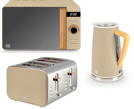 Swan Nordic 1.7L 3KW Kettle, 4 Slice Toaster & 800W 20L Microwave in Oatmeal. Matching Scandinavian Minimalist Design Kitchen Set in Neutral Oatmeal Colour with Wood-Effect Accents