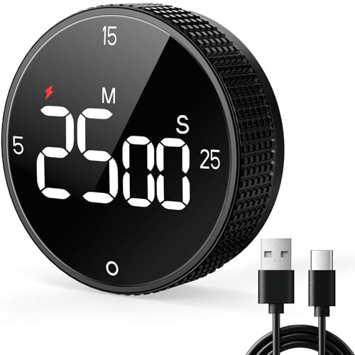 Allbean Rechargeable Magnetic Kitchen Timer for Cooking, Large Display Digital Countdown Countup Timer, 3 Preset 5/15/25 Mins Loud Alarm Building 800mAh Battery - Black