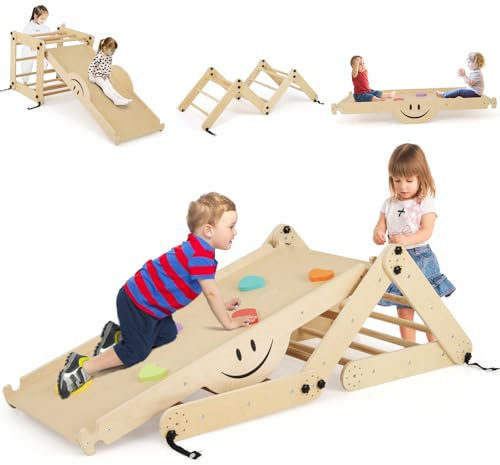 HOMASIS 5-in-1 Kletterdreieck Indoor, Klettergerüst mit Rampe Rutsche Leiter Wippe, verstellbar Baby Kinder Klettern Holz, multifunktional Spielplatz, Kletterbogen ab 3 Jahren (Modell 1, Natur)