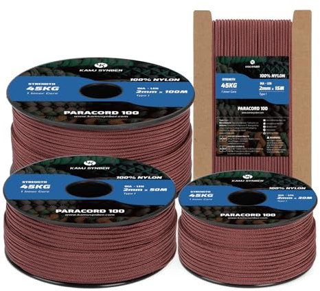 Kamu Synber 2mm Paracord 30M 100% Nylon Corda Paracadute 1 Fili Tipo I per Sopravvivenza, Esterno, DIY | Supporto 45kg | Marrone Cioccolato