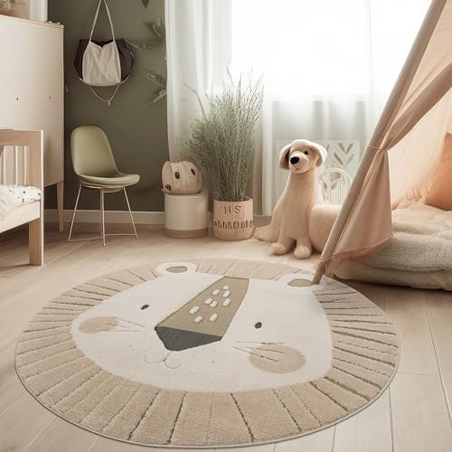 Paco Home Kinderzimmer Moderner Kinderteppich Robuster Spielteppich 3D-Effekt Naturtöne Weiche Schlingenstruktur Pflegeleichtes Löwen-Motiv Creme, Grösse:160 cm Rund