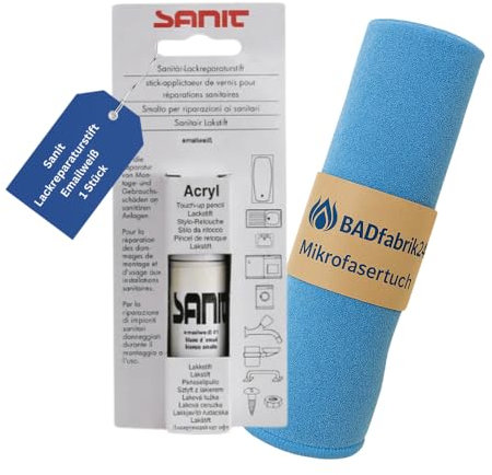 BADfabrik24 Sanit Lackreparaturstift Emailweiß 1 Stück + Mikrofasertuch – Zur Ausbesserung von Kratzern & Lackschäden an Sanitäroberflächen,Lackstift weiß Sanitär,WC Reparaturstift