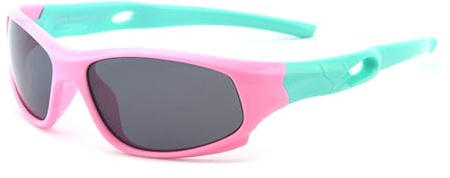 JoXiGo Lunettes de Soleil Enfant Sport Polarisées Incassable Garçon et Fille (3-12 ans) + Cordons à lunettes + Étui à Lunettes (Cadre Rose - Branches Vert)