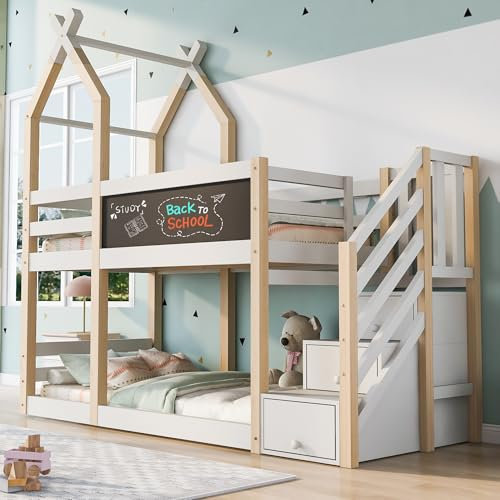 TIZZ Etagenbett 90×200, Kinderbett Baumhaus Design inkl.Tafel, mit Speicherung und Rausfallschutz, Hochbett für Kinder– 2X Lattenrost- Natur & Weiß(Ohne Matratze)
