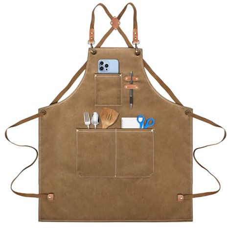 lompyeu Delantal de Cocina,Delantal de Barbacoa Impermeable con 3 Bolsillos,Delantal de Cocina Lienzo para Hombres y Mujeres,Correa Ajustable,para peluquero, Restaurante, Café, Jardinería (Marrón)