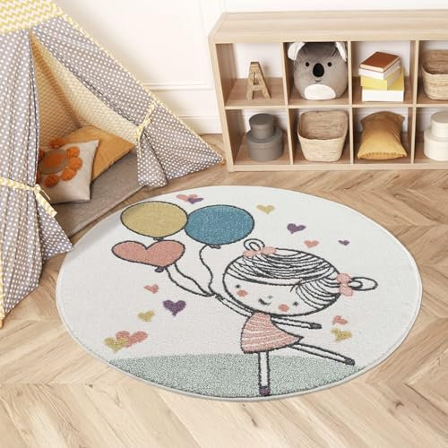 Teppich Kinderzimmer 120 cm Rund - Kinderteppich Creme, Bunt - Cartoon, Mädchen, Herzen - Spielteppich Kinder - Babyzimmer Deko