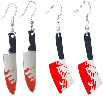 2 Paar Blutiges Messer Ohrringe & 6 Blutiges Temporäre Tattoo-Aufkleber, Horror Halloween Accessoires Damen, für Hexen Vampir Schlachter Metzger Karneval