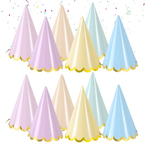 CYMYGS Party Hats, 12 Pastel Birthday Party Hats with Gold Trim