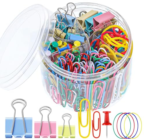 350-Piece Office Supplies Set, Paper Clips, Binder Clips, Bands, Pins | Assorted sizes and colours, metal and plastic, organiser box, for school, home and office