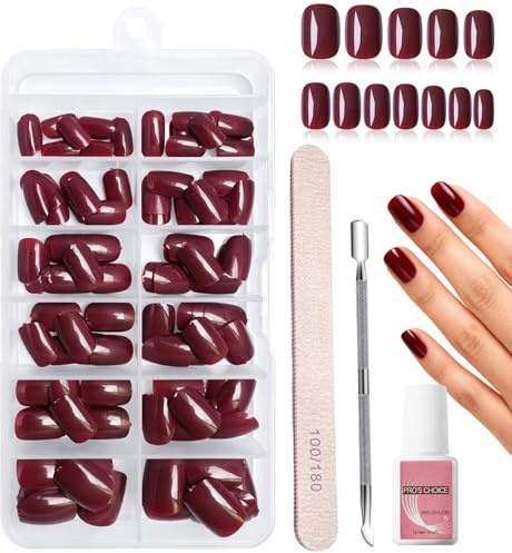 240 Pieces Burgundy Press on Nails Short - Square Dark Red False Nails with Nail File & Pusher - Acrylic Nails Full Cover Artificial Fingernails for Women Beginners DIY Manicure
