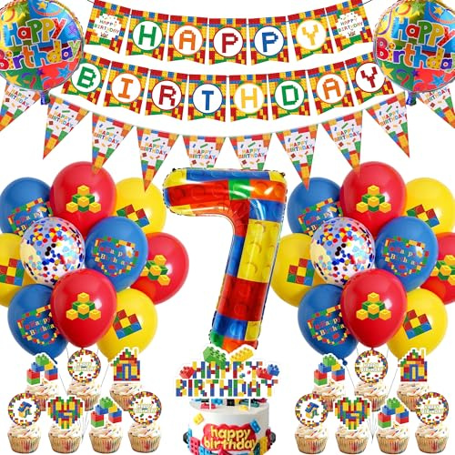 Bausteine Theme 7. Geburtstag Deko Luftballons - Happy Birthday Banner Wimpel XXL Zahl 7 Folienballon, Baustein Cupcake Deko konfetti und Latexballons für Kinder Junge Mädchen Kindergeburtstag