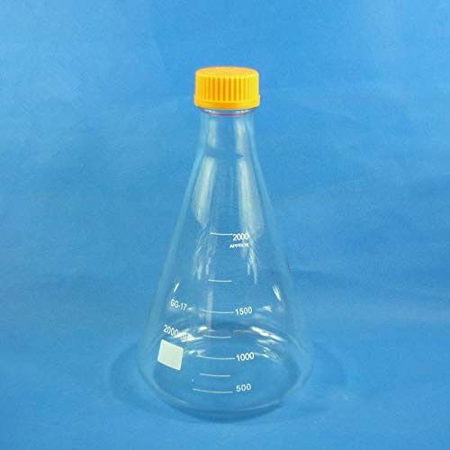 1pc Erlenmeyer Flask with GL45 Cap - Borosilicate Lab Glass Reagent Bottle - Drip-Free Pouring, Autoclavable,(2000ml)