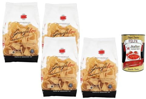 Italian Gourmet Pappardelle Nr. 1-35 Pasta di Gragnano IGP 4×500 g Bronzegezogen Hartweizengrieß Pasta aus Italien für Ragù & Pilzsaucen + Italian Gourmet Polpa