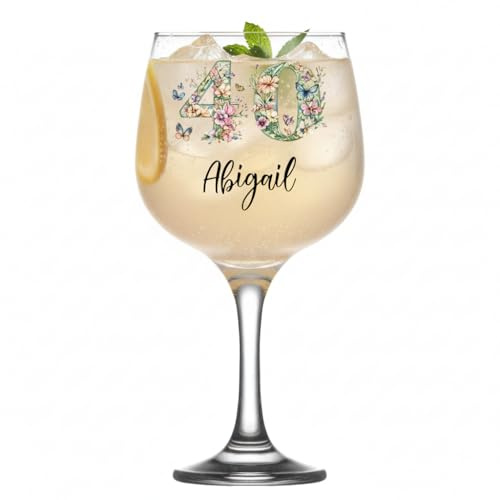 ukgiftstoreonline Personalised 40th Birthday Gin Glass, Copa Balloon, Clear with Floral and Butterfly Design, 730ml, Glass