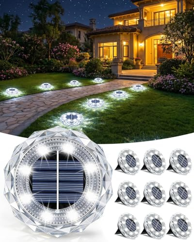 KALAHOL 10 Pack Solar Lights Outdoor Garden, 8 LEDs Solar Ground Lights, IP65 Waterproof Outdoor Landscape Lamp, Solar Powered Pathway Lights for Patio Yard Driveway Walkway - Cold White