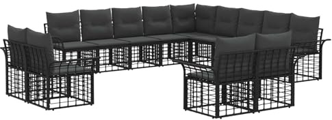 vidaXL Outdoor-Sofagarnitur 13 pcs Schwarz und Dunkelgrau Polyester, Modernes, witterungsfestes Sofa-Set aus Poly-Rattan, verstellbare Füße, perfekt für Garten und Terrasse