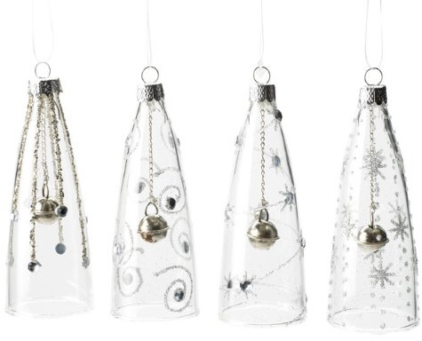 Set of Four Tall Glass Bell Christmas Tree Decorations (10cm)