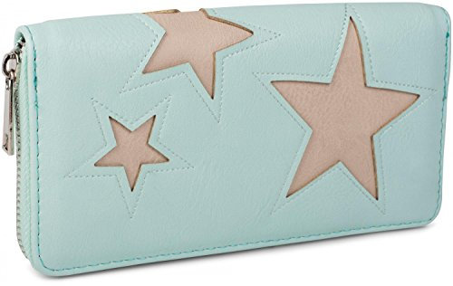styleBREAKER Monedero con Motivo de Estrellas Recortadas y Costuras Ornamentales, Cremallera Circular, Mujeres 02040037, Color:Menta/Estrella Beige