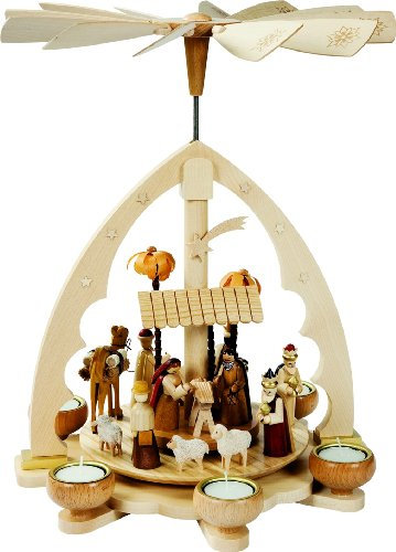 Richard Glässer Seiffen Weihnachtspyramide Christi Geburt, 40 cm hoch, natur mit Teelichter, original Erzgebirge
