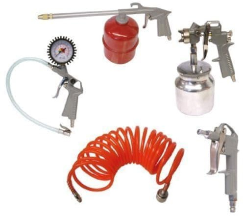 KINZO 5 tlg. Druckluft-set Kompressoren-Zubehör, Spiralschlauch, Reifenfüllmesser, blaspistole, Farbspritzpistole, Sprühpistole