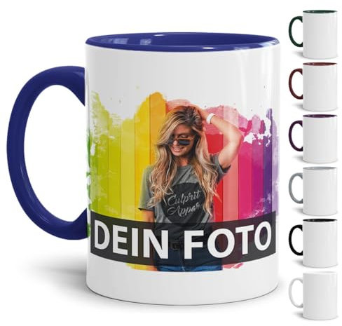 Tasse selbst individuell gestalten/Personalisierbar mit eigenem Foto bedrucken/Fototasse/Motivtasse/Werbetasse/Firmentasse mit Logo/Innen & Henkel Dunkelblau