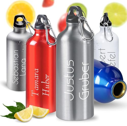 Trinkflasche personalisiert 'Sporty' 0,6 L - auslaufsichere Wasserflasche Kinder & Erwachsene - personaliserte Geschenkidee - robuste Sportflasche mit Karabiner für Schule, Gym & Alltag (silber)