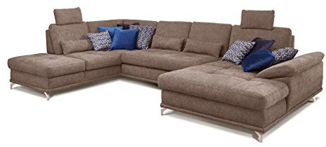 Cavadore Wohnlandschaft Castiel mit Federkern / Große Sofalandschaft mit Sitztiefenverstellung und Kopfstützen / 368 x 114 x 232 / Webstoff, Hellbraun