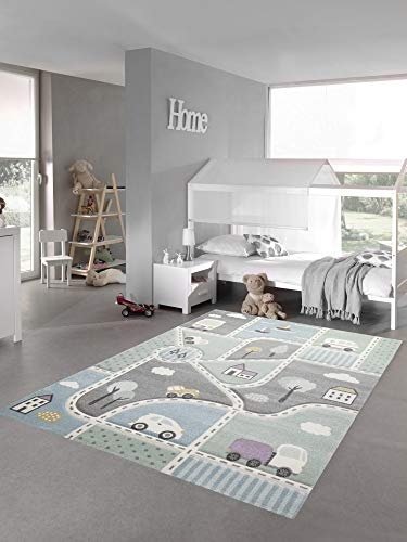 Kinderteppich Straßenteppich Lernteppich Junge mit Straßen und Autos blau grün Größe 160x230 cm