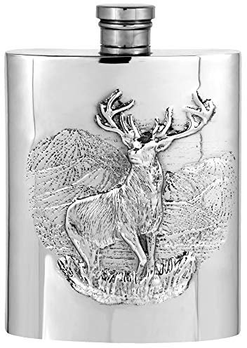 English Pewter Company SF290 Flasque en étain avec motif cerf majestueux en relief 177 ml – avec entonnoir, sac cadeau en velours et boîte cadeau