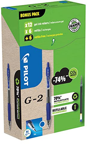 PILOT Greenpack G-2 Gel, 0,7 mm, Blau, 12 Stifte und 12 Nachfüllungen, WLT556183