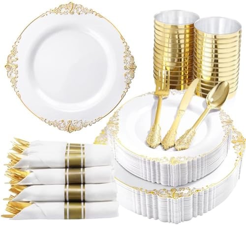 Nervure 350PCS Gold Plastic Plates - Gold Plastic Dinnerware Sets for 50 Guests - 100 Disposable Plates, 150 Silverware, 50 Cups, 50 Napkins for Wedding & Party & Mothers Day