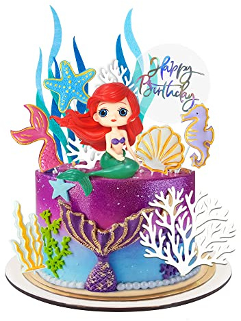12 PCS Mermaid Cake Topper, Cute Big Eyes Mermaid Doll Cake Topper, Resin 2D Starfish Seaweed Seahorse Shell Felt Seaweed Acrylic Coral for Birthday Party, Baby Shower, Wedding, Mermaid Cake Supplies