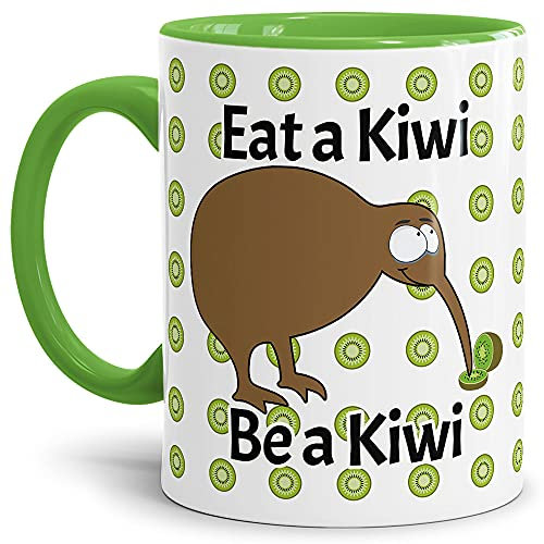 Keramik Tasse mit Spruch - Kiwi Tasse - Eat a Kiwi Be a Kiwi - Geschenkideen für Familie, Freunde und Kollegen - Innen & Henkel Hellgrün, 300 ml
