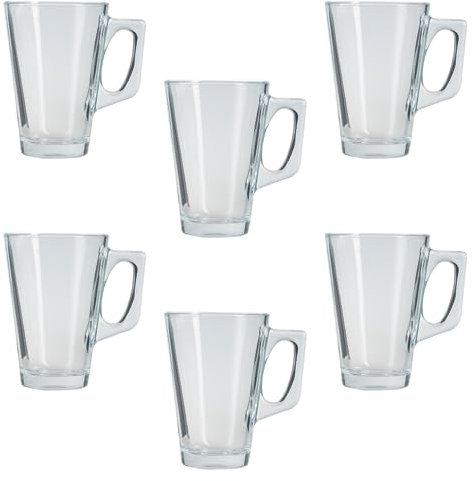 Glasshop Set of 6 Everyday Use Tea, Coffee and Latte Glass Mugs with Handles, 250ml Capacity, Dishwasher Safe