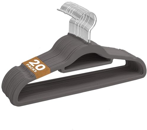 Sasha Morel Paquete de 20 Perchas de Terciopelo Antideslizantes para Ropa, Ahorro de Espacio, con Organizador de Corbatas y Ganchos giratorios, Color Gris