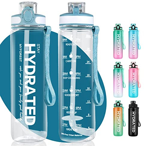 MYFOREST 1000ml/32oz Sports Water Bottle, Time Marker for Motivational Hydration, Drop-proof, BPA-free, Wide Mouth for Easy Clean: Cold/Hot/Carbonated/Cider