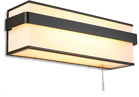 Rustikal Stoff Wandleuchte mit Zugschalter, Rechteck Wandlampe Textilschirm Nachttischlampe, 2-flammig, Schwarz Metall Gestell, T5 Fassung, für Wohnzimmer Schlafzimmer Flur Hotel