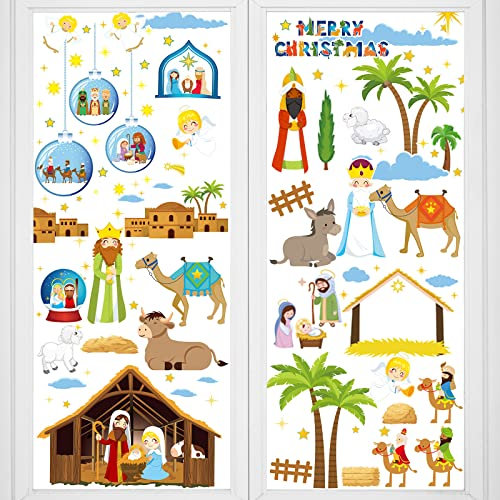 Gueevin 9 Bögen Religiöse Weihnachts-Fensteraufkleber, Krippenaufkleber, Dekoration, DIY, Wiederverwendbar, Nicht Klebend, Für Krippenfenster, Weihnachten, Glas