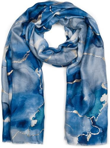 styleBREAKER Damen Schal mit edlem Marmormuster und goldenen Metallic-Details | Warme Winterstola, mehrfarbig 01017153, Farbe:Dunkelblau-Blau