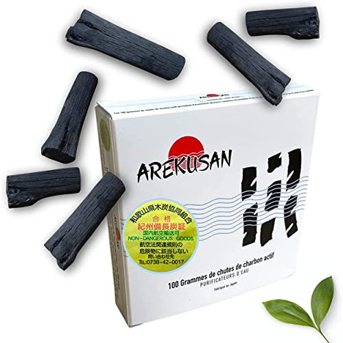 AREKUSAN | 100G Morceaux Charbon Actif Purificateur Eau Robinet Filtre Vegetal. Format VRAC ECONOMIQUE pour Carafe Gourde Chutes Kishu Binchotan Naturel Bois Chêne Vert de Wakayama Japon Purifier Eaux